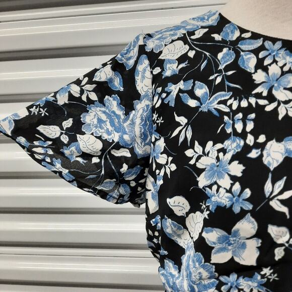 Creative Concepts Dress Women's Medium Black Blue Floral Short Sleeve Open Back - Picture 7 of 12